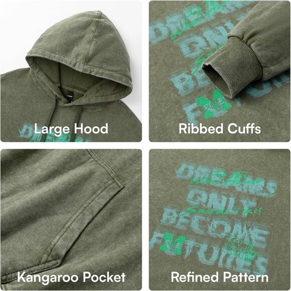 Men's Unisex Vintage Pullover Fall Winter Hoodies Sweatshirt Green Dream - Picture 6 of 7
